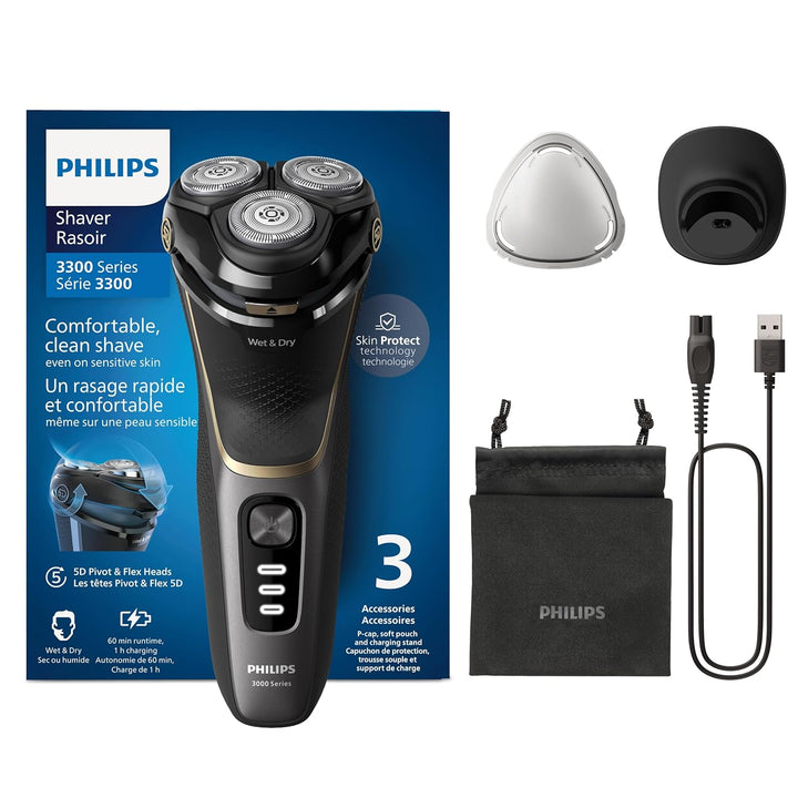 Philips Shaver Series 3000 – Elektrischer Nass- und Trockenrasierer für Männer in Schwarz, mit SkinP