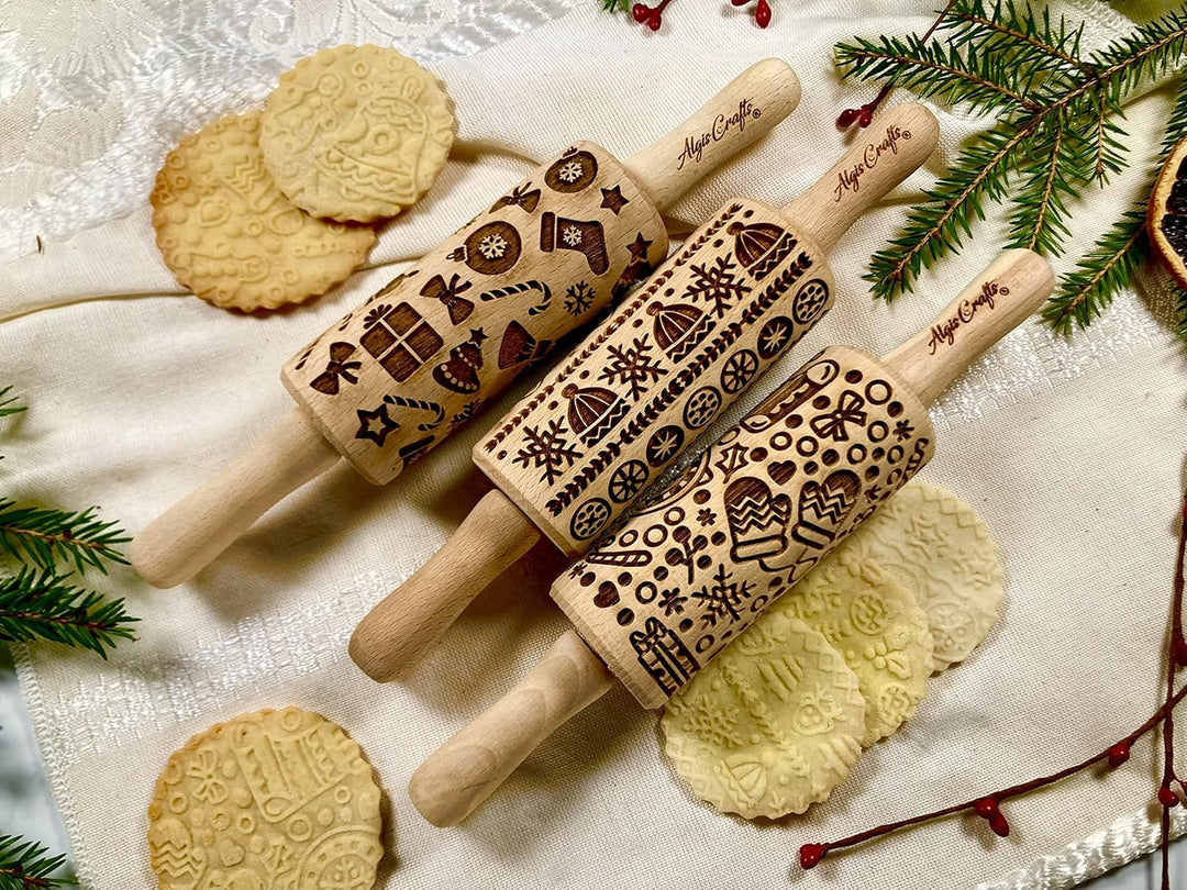 Weihnachtsspass Kinder Nudelholz mit Muster Weihnachten Backen 3-er SET - Teigroller Holz für DIY We
