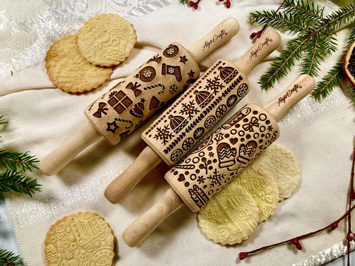 Weihnachtsspass Kinder Nudelholz mit Muster Weihnachten Backen 3-er SET - Teigroller Holz für DIY We