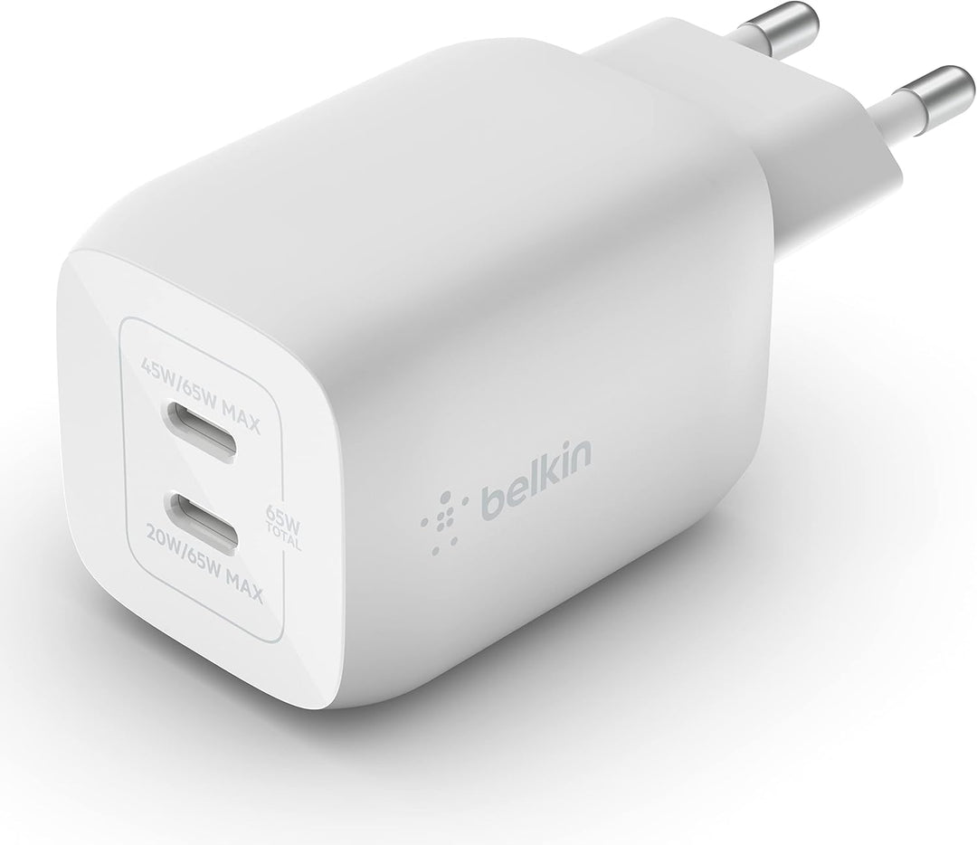 Belkin 65-W-USB-C-Ladegerät mit 2 Ports, Schnellladen mit Power Delivery3.0 und GaN-Technologie für
