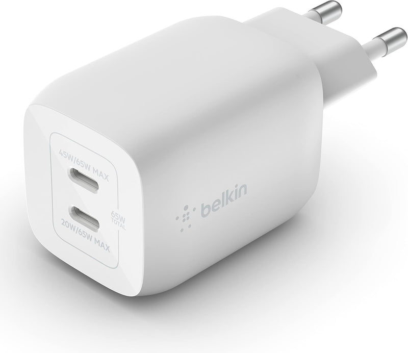 Belkin 65-W-USB-C-Ladegerät mit 2 Ports, Schnellladen mit Power Delivery3.0 und GaN-Technologie für