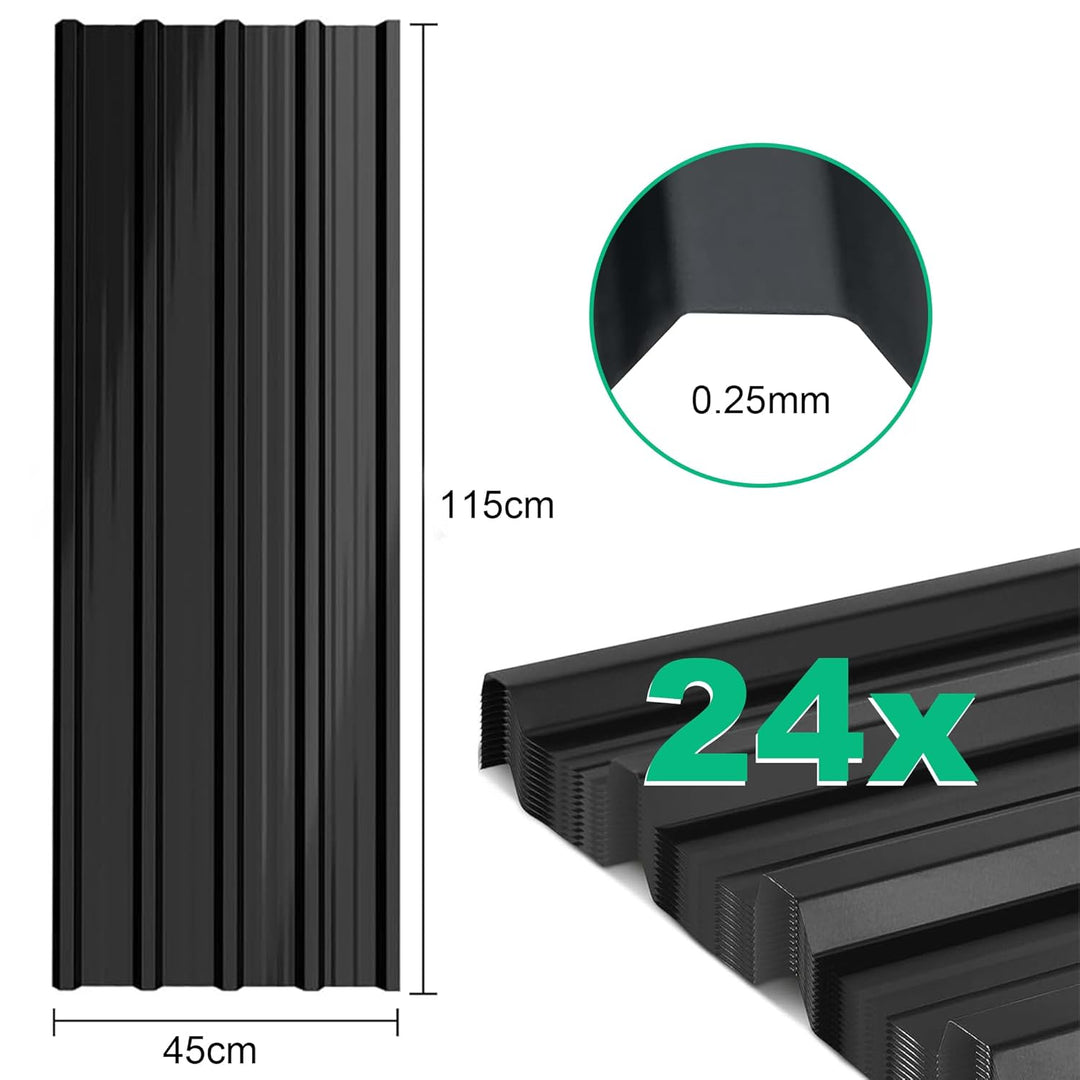 TEOV 24 Stück Trapezblech Dachplatten 115x45CM, Verzinkt Metall Dachplatten Wellblechplatten, Schwar