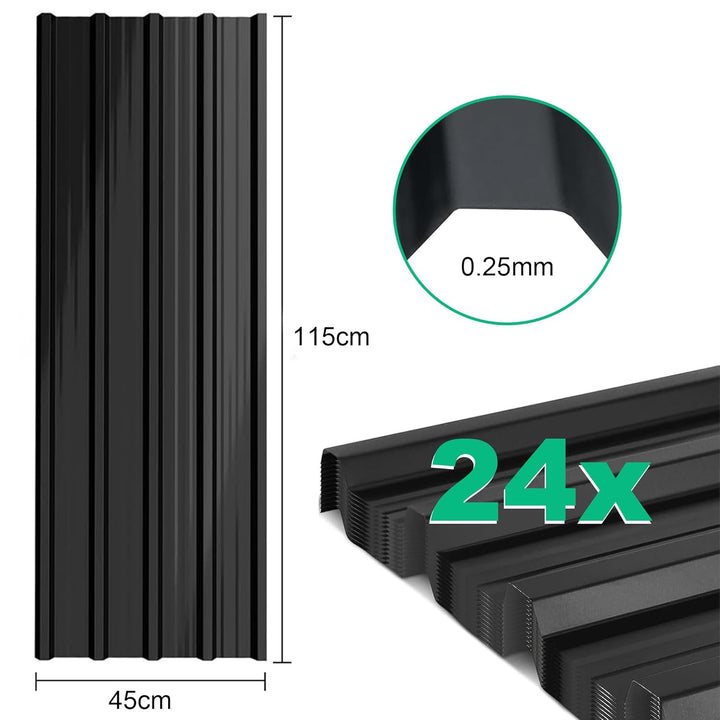 TEOV 24 Stück Trapezblech Dachplatten 115x45CM, Verzinkt Metall Dachplatten Wellblechplatten, Schwar