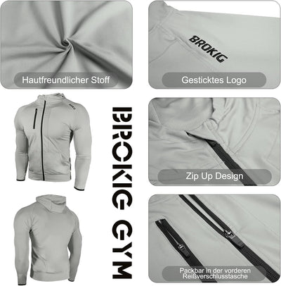 BROKIG Leichte Hoodie Herren,Schnelltrocknende Laufjacke Atmungsaktives Kapuzenpullover Trainingsjac