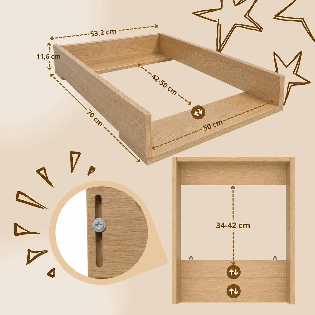 Wickeltischaufsatz, Gerade Seiten, 53,2x70 cm, Eiche | Ausziehbar verstellbar 34–50 cm für verschied