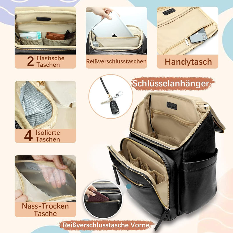 MISS FONG Baby Wickelrucksack Wickeltasche, Leder Rucksack mit Multifunktions-Babytaschen, 19 Wickel