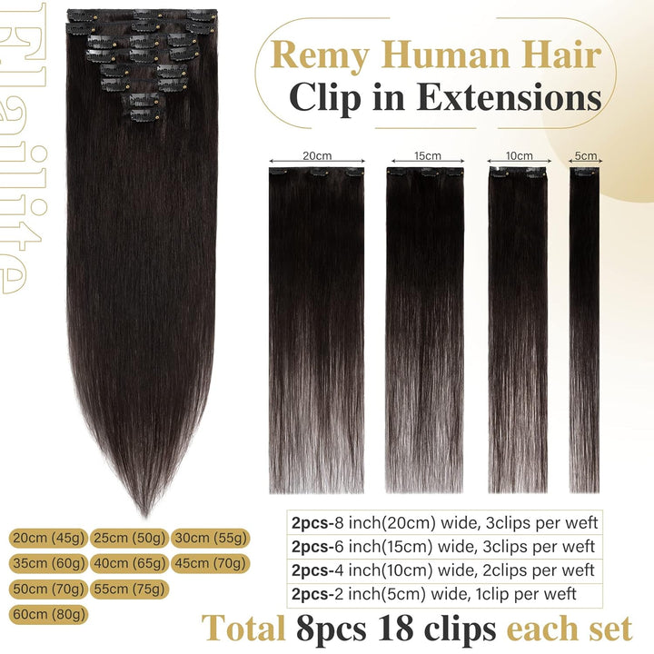 Elailite Extensions Echthaar Clip in 8 Tressen Glatt #1B Naturschwarz Haarverlängerung Real Human Ha