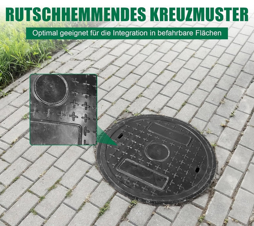 GFK-Schachtabdeckung Rund DN 450 (Lichte Weite 450 mm) – Deckel Ø500 mm, Rahmen Ø570 mm – B125 befah