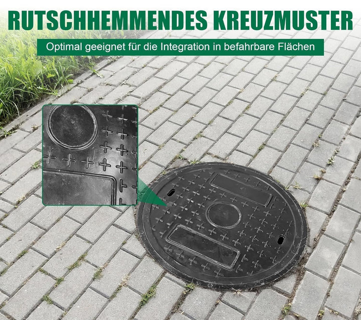 GFK-Schachtabdeckung Rund DN 450 (Lichte Weite 450 mm) – Deckel Ø500 mm, Rahmen Ø570 mm – B125 befah