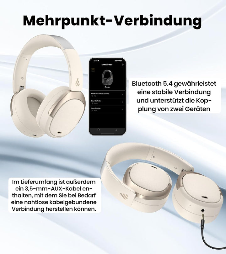 Edifier W80 Over-Ear-Kopfhörer mit aktiver Geräuschunterdrückung (-49 dB), LDAC AAC Hi-Res kabelgebu