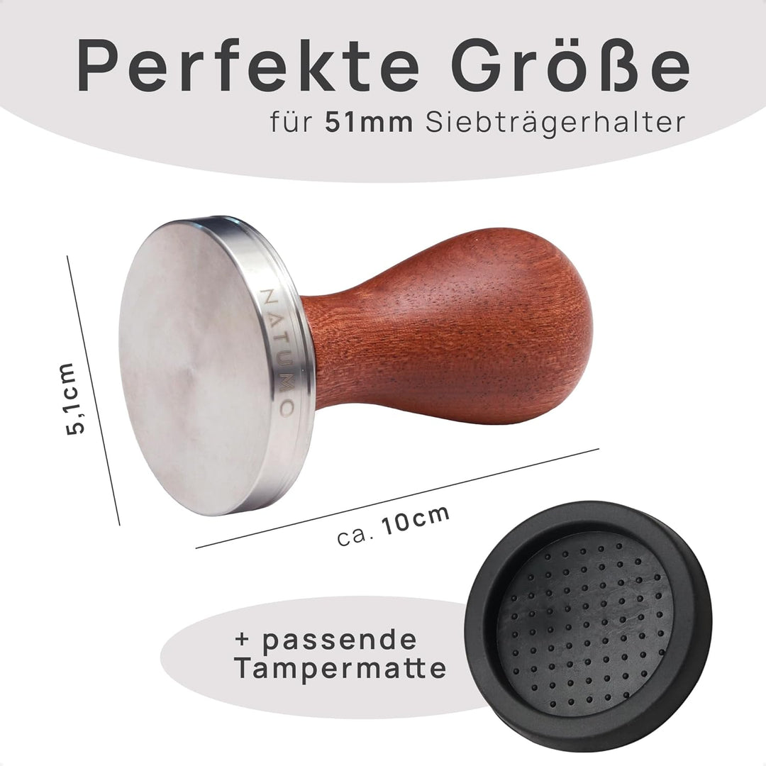 NATUMO Espresso Tamper 51mm mit Holzgriff, Siebträger Zubehör, Kaffe Tamper Set Holz mit Tampermatte