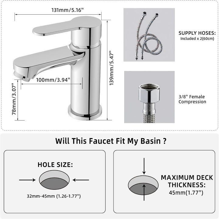 BELZ Einhebel Waschtischarmatur,Wasserhahn Bad Chrom 78mm | Einfache G3/8 Einlochmontage,Inklusive f