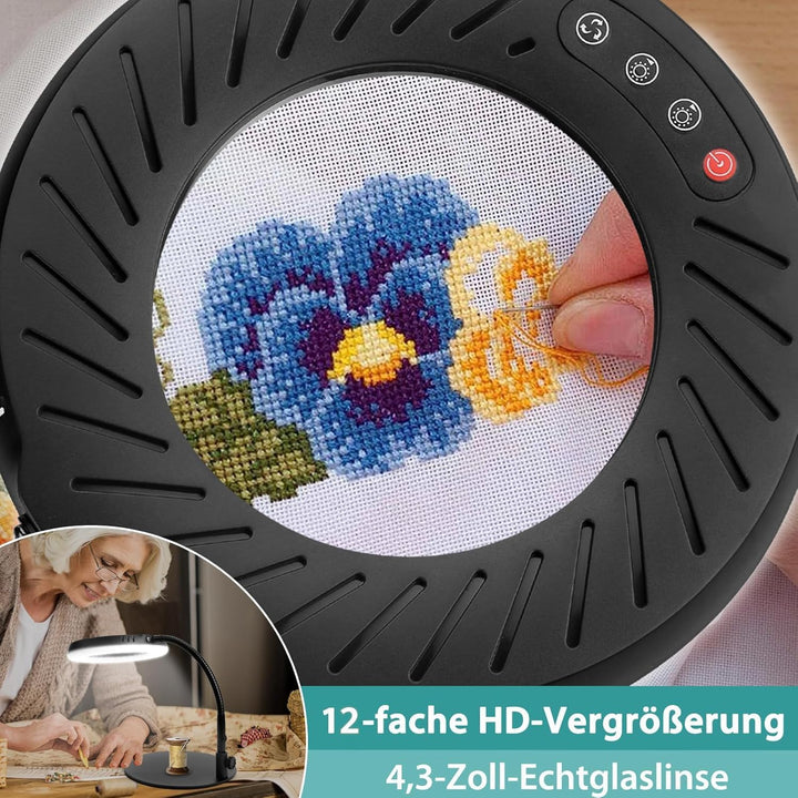 10X Lupe mit Licht und Ständer, 5 Farbmodi Dimmbar, Flexible Schwanenhals LED Schreibtischlampe Händ