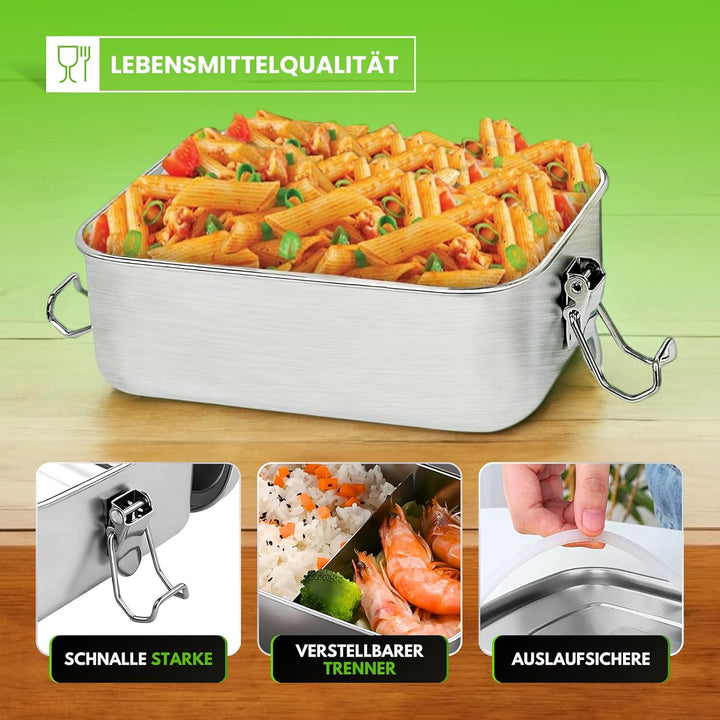 Brotdose Edelstahl 1200 ml – Auslaufsicher dank Silikondichtung – Lunchbox mit beweglicher Trennwand