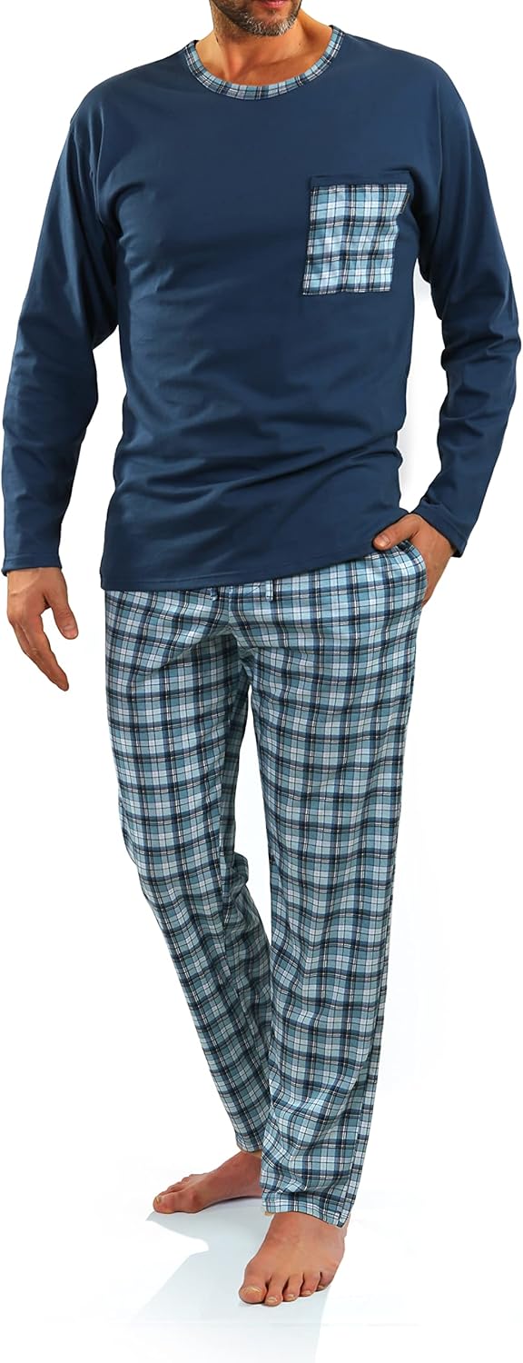 sesto senso Herren Schlafanzug Lang Baumwolle Pyjama Langarm Shirt mit Tasche Pyjamahose Zweiteilig