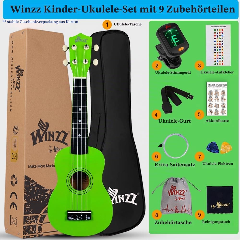Winzz Sopran Ukulele Starter Kit für Anfänger mit Tasche, Clip-On Tuner, Zusätzlichen Saiten, Gurt,