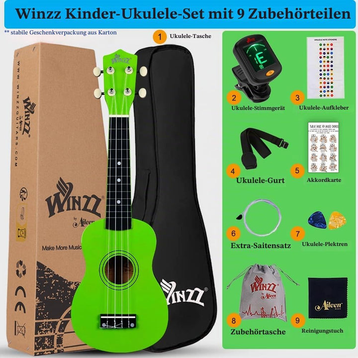 Winzz Sopran Ukulele Starter Kit für Anfänger mit Tasche, Clip-On Tuner, Zusätzlichen Saiten, Gurt,