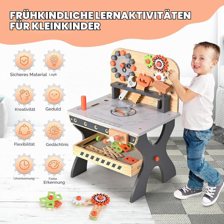 Kinderwerkbank aus Holz, Spielwerkzeuge Werkzeugbank aus Holz Multifunktions Simulationswartung Werk