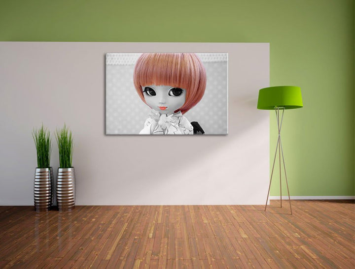 hübsche Puppe im traditionellen Kimono schwarz/weiss auf Leinwand, XXL riesige Bilder fertig gerahmt