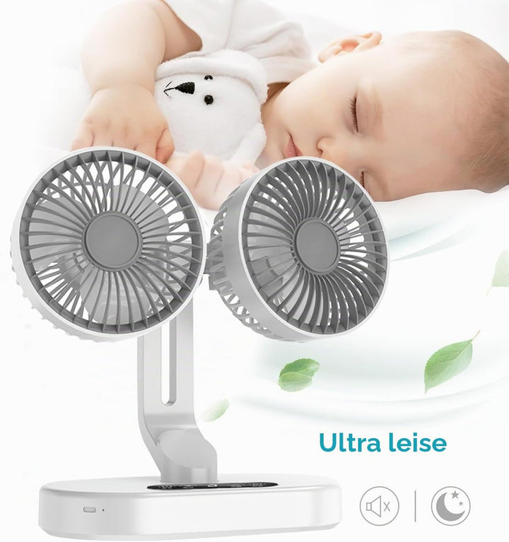 Weisser Doppelkopf-Tischventilator – 6 Geschwindigkeiten, 360° Rotation, Timer, Wandmontage &amp; Tischa