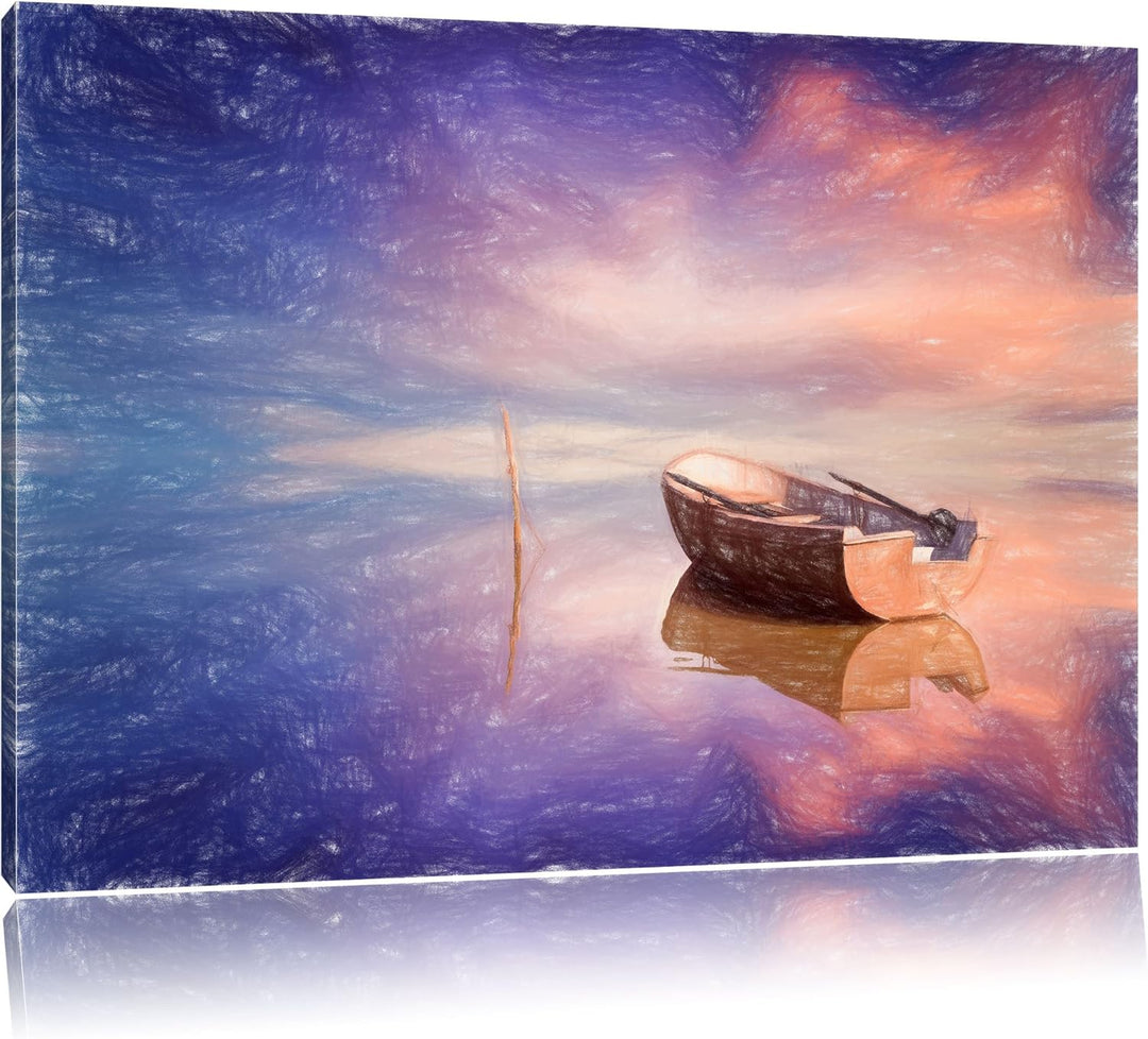 Pixxprint Einsames Boot auf See als Leinwandbild/Grösse: 100x70 cm/Wandbild/Kunstdruck/fertig bespan