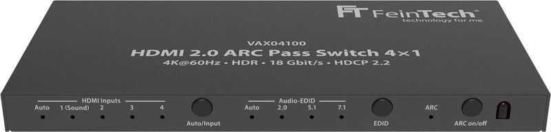 FeinTech VAX04100 HDMI 2.0 ARC Pass Switch 4x1, für 3 HDMI-Quellen, Soundbar und TV Beamer 4K HDR Do