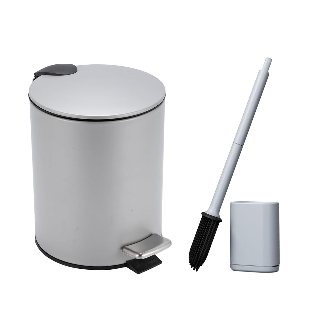 Kosmetikeimer Grau 3l, Mülleimer Bad mit WC-Bürste, Metall Tretmülleimer Badezimmer, Badmülleimer mi