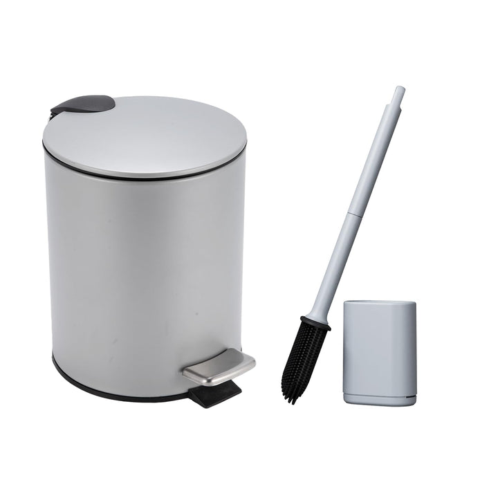 Kosmetikeimer Grau 3l, Mülleimer Bad mit WC-Bürste, Metall Tretmülleimer Badezimmer, Badmülleimer mi