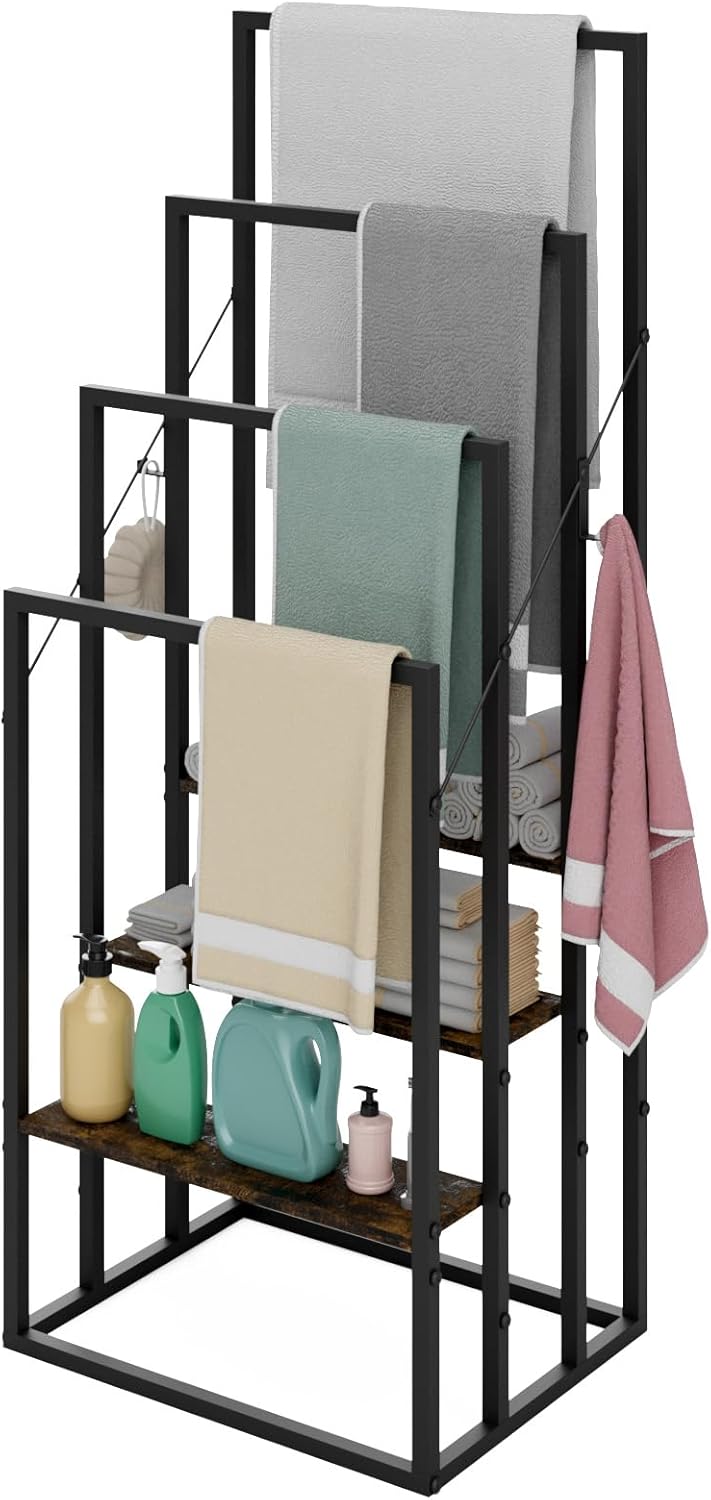Handtuchständer, Handtuchhalter Stehend mit 4 Handtuchstangen, 3 Ablagen, 2 Haken, Freistehender Bad