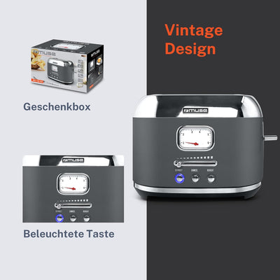 Muse Edelstahl-toaster im grauen retro Design, analoge Anzeige, beleuchtete Tasten, 6 Bräunungsstufe