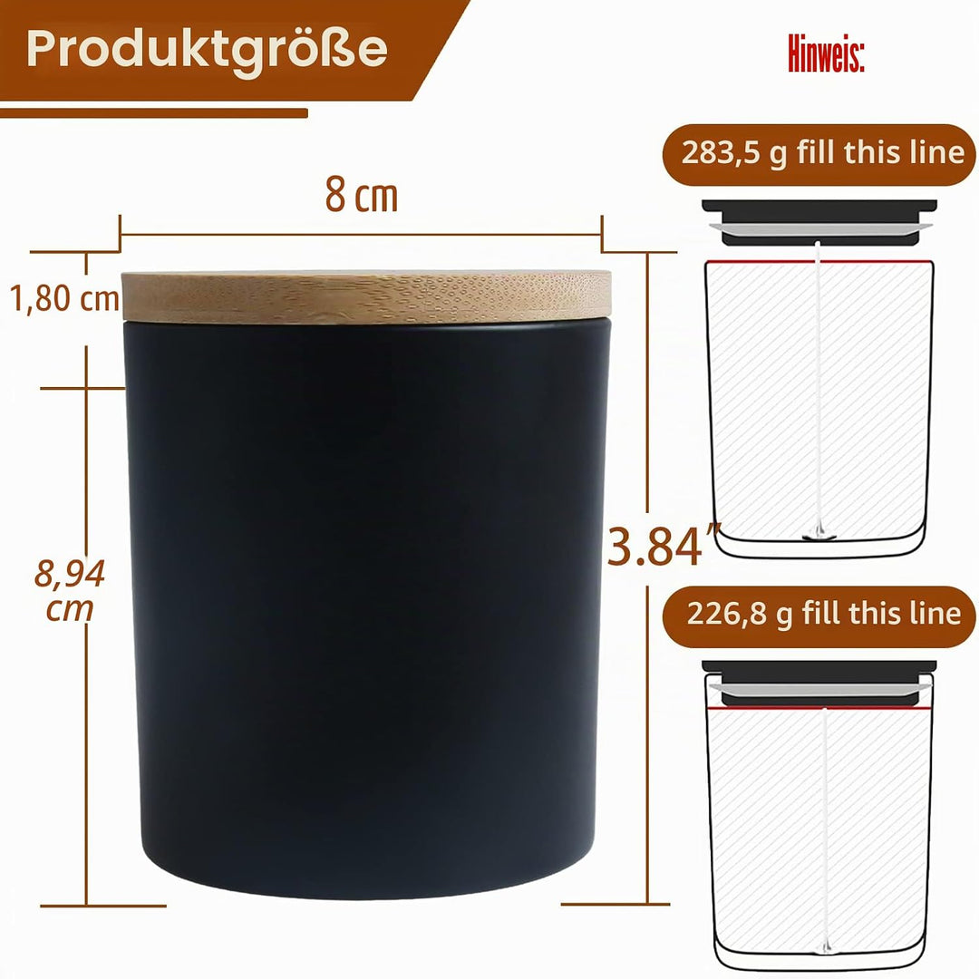 CONNOO 12 Stück 284 ml mattschwarze Glas-Kerzengläser mit Bambusdeckel für die Herstellung von Kerze