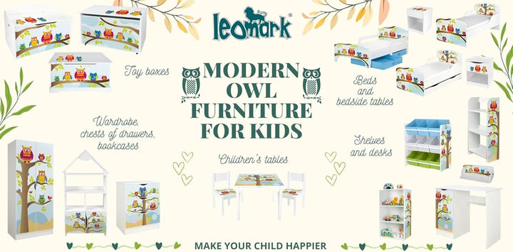 Leomark Kinderbank Hölzerne - Eulen XL - Kindertruhenbank, Behälter für Spielzeug, Truhe für Kinderz