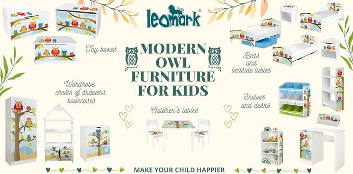 Leomark Nachttisch aus Holz - Eulen - Nachtschränkchen mit Schublade, Nachtschrank für Kinder, Weiss