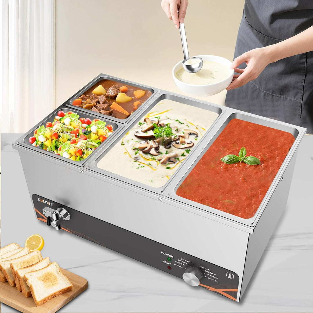 DULNICE Bain Marie Speisewärmer Elektrische Edelstahl 1500W 4 GN-Behältern Wasserbad mit Ablaufhahn,