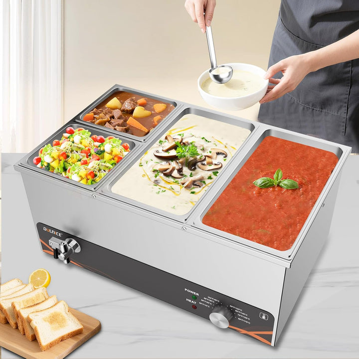 DULNICE Bain Marie Speisewärmer Elektrische Edelstahl 1500W 4 GN-Behältern Wasserbad mit Ablaufhahn,