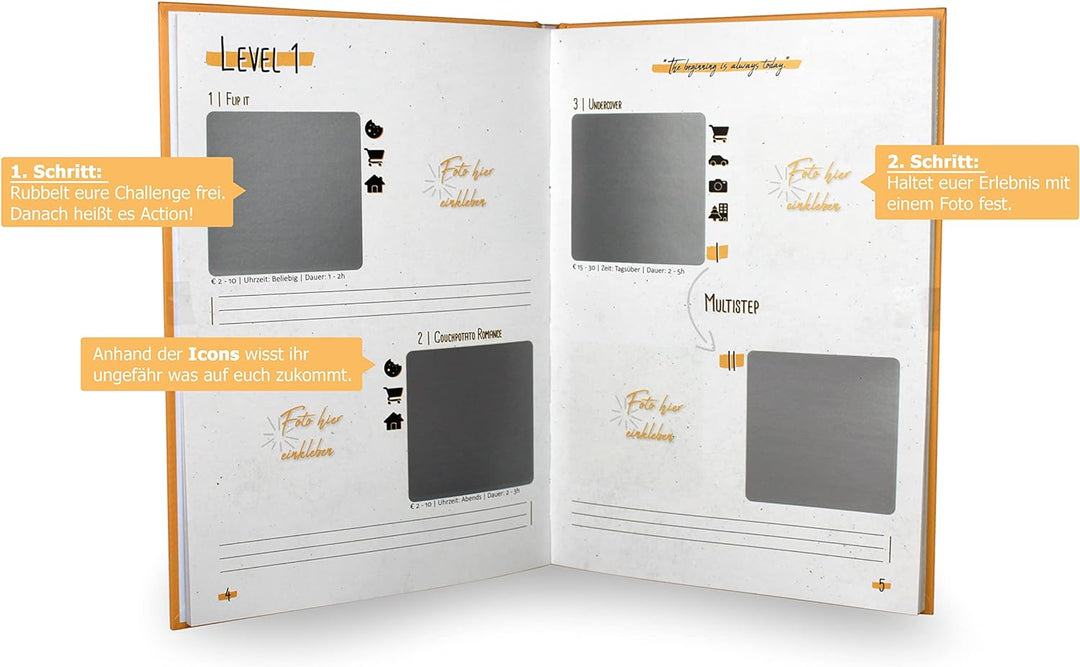 Die Challenge® Erlebnisbuch mit 40+ Abenteuern und Dates für Paare – Interaktives Fotobuch mit Rubbe