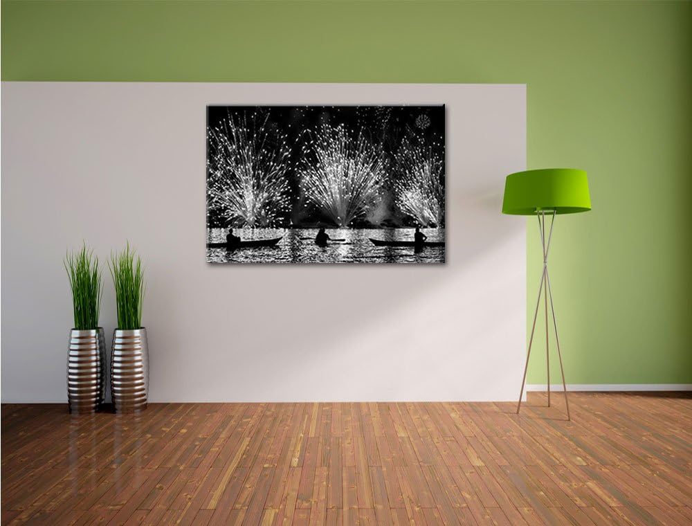 Pixxprint Feuerwerk auf dem Wasser / 100x70cm Leinwandbild bespannt auf Holzrahmen/Wandbild Kunstdru