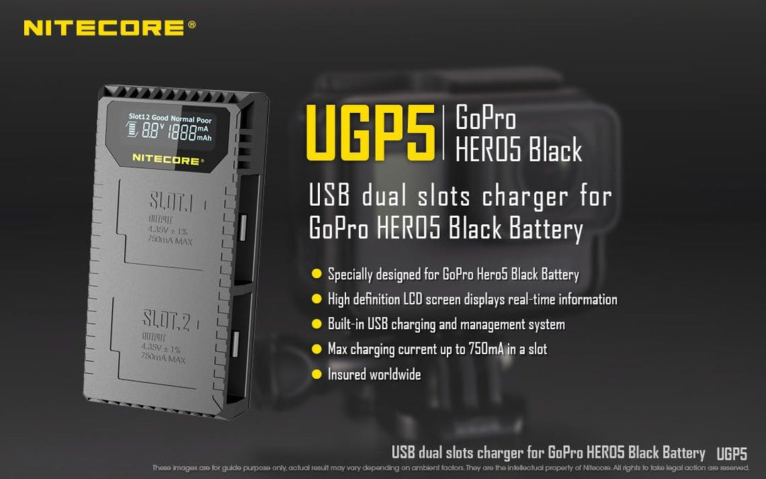 Nitecore UGP5 Dubbele Lader voor GoPro Hero5/Hero6/Hero7 Accu + Indicator + USB