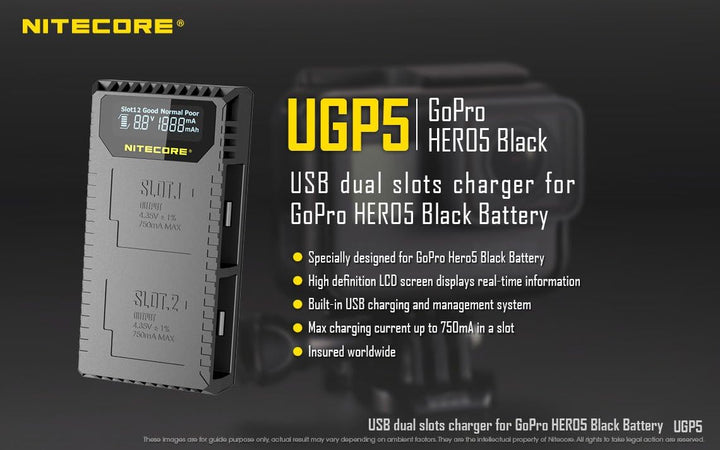 Nitecore UGP5 Dubbele Lader voor GoPro Hero5/Hero6/Hero7 Accu + Indicator + USB