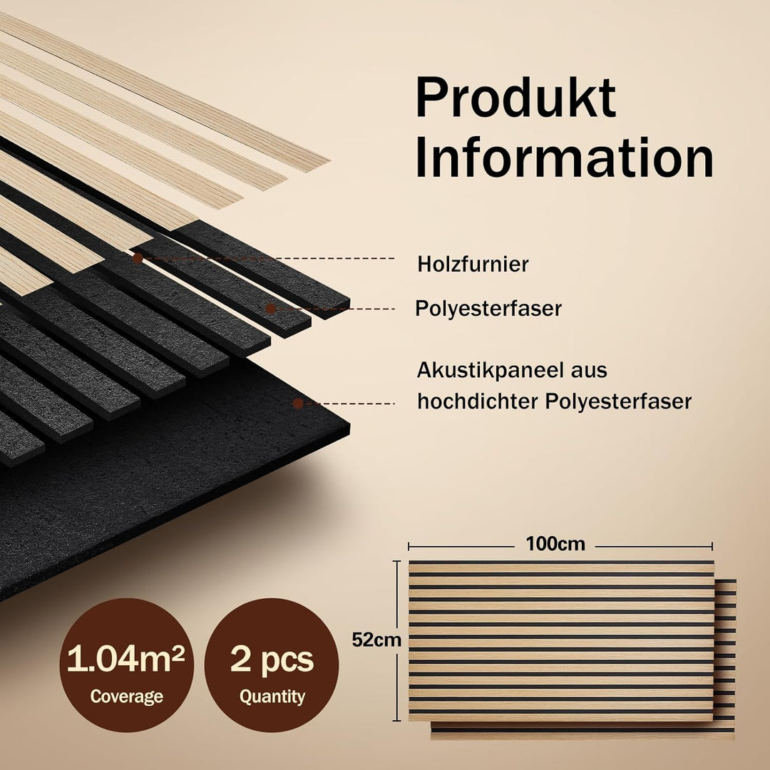 Akustikpaneele Selbstklebend 2er Set 100x52cm, Schalldämmung Echoreduzierung Wandpaneele aus Holzf