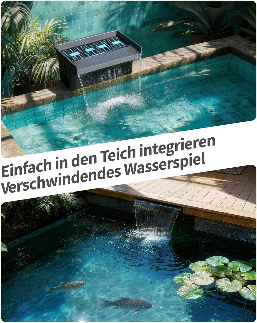 POPOSOAP Wasserfall Teich 60cm Überlauf für grosse Gartenteich-Wasserspiele Bis zu 15000 Liter, Bis