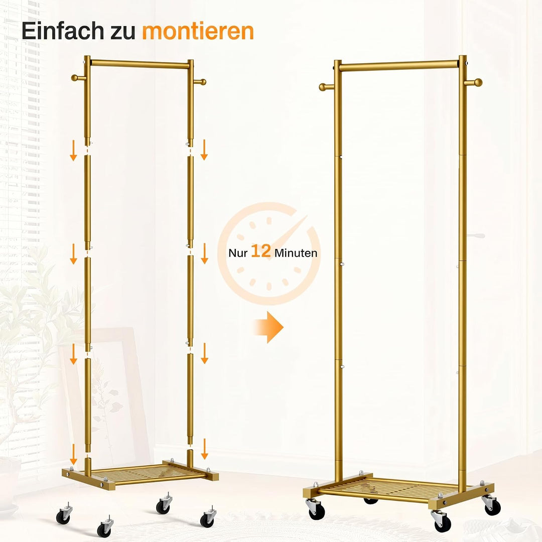 MISSLO Kleine Kleiderstange auf Rollen, Mobiler Schmal Kleiderständer mit Ablagen 152 cm Metall Gard