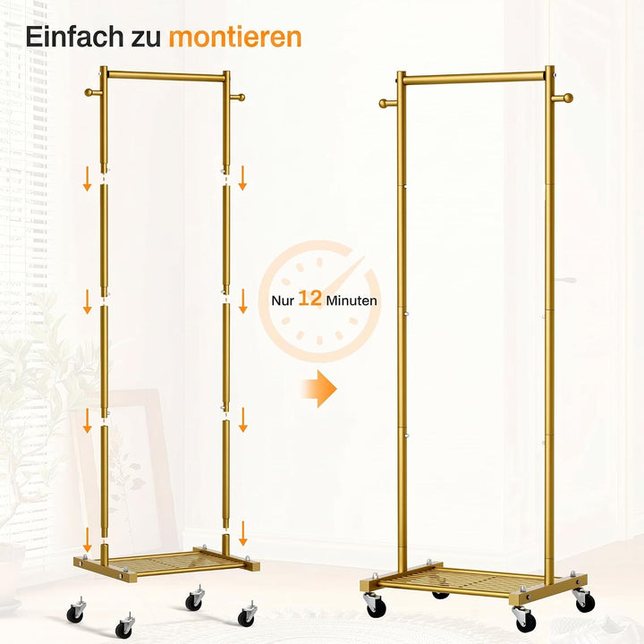 MISSLO Kleine Kleiderstange auf Rollen, Mobiler Schmal Kleiderständer mit Ablagen 152 cm Metall Gard
