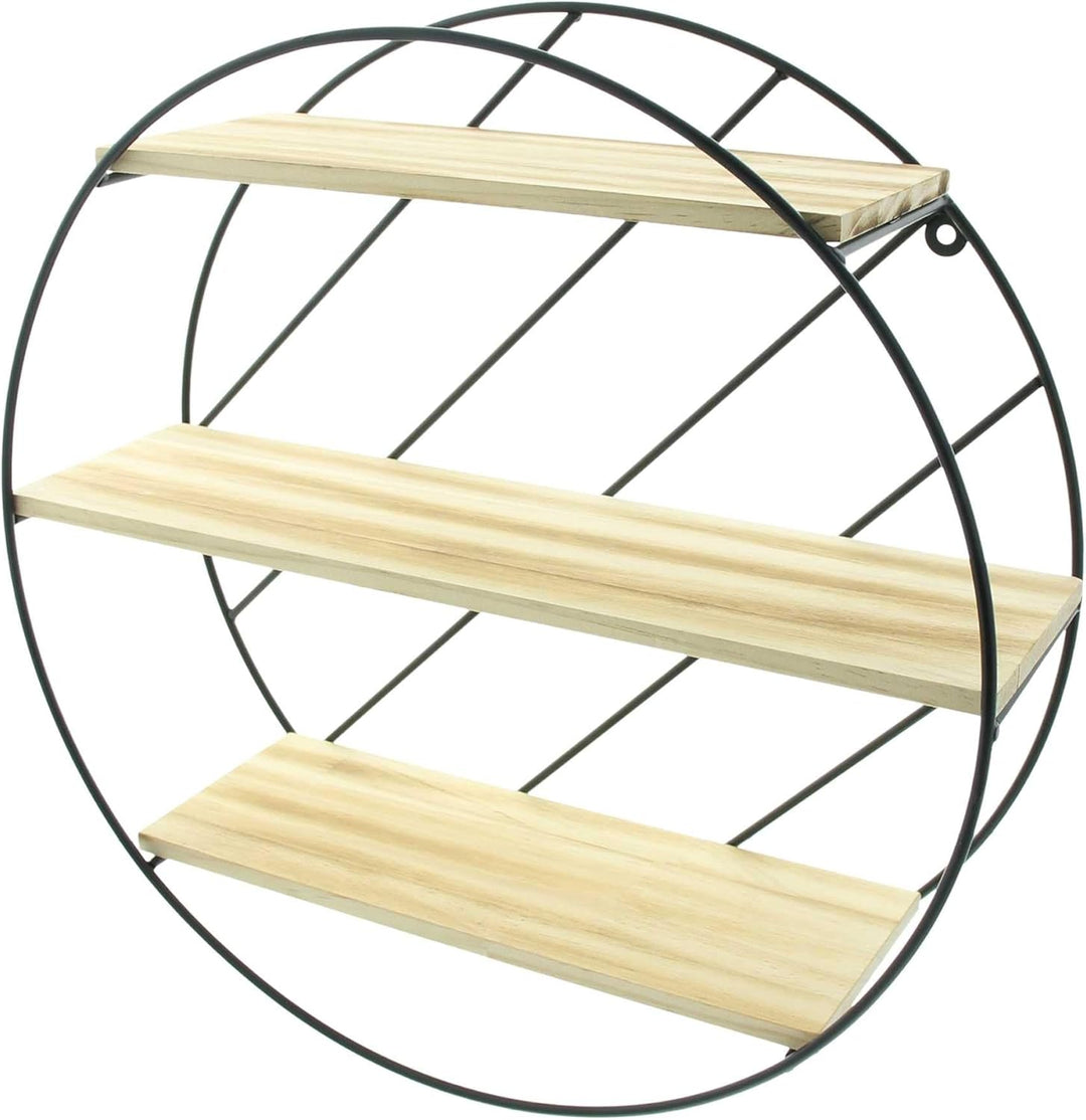 Dekoleidenschaft Wandregal Circle aus Metall schwarz, 3 Holzböden, Hängeregal rund, Dekoregal, Wandd