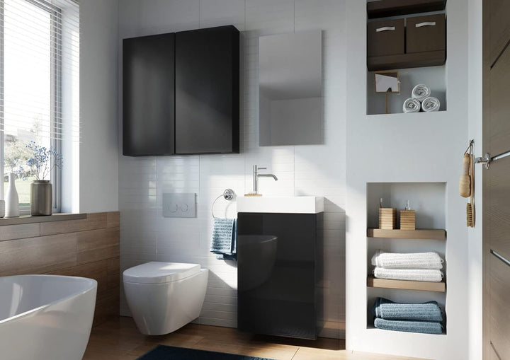 VBChome Badmöbel Set 40 cm Weiss Waschbecken mit Anthrazit Hängeschrank Waschtisch 1-Türen Push to O