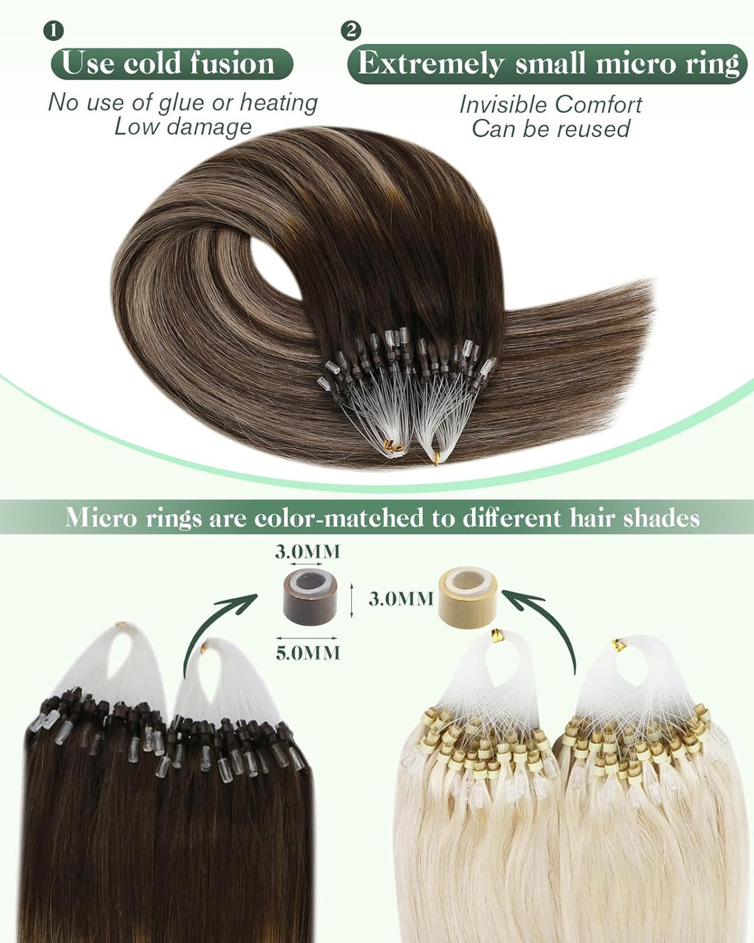 Ugeat Extensions Microring Echthaar Braun Microring Extensions 45 cm Echthaar Glatt Ombre Schokobrau