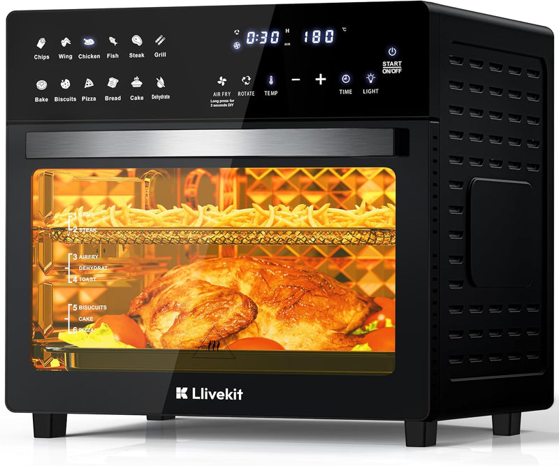 LLIVEKIT Heissluftfritteuse Minibackofen 26L, 1700W Airfryer XXL mit 12 Programmen und Rezeptbuch, H