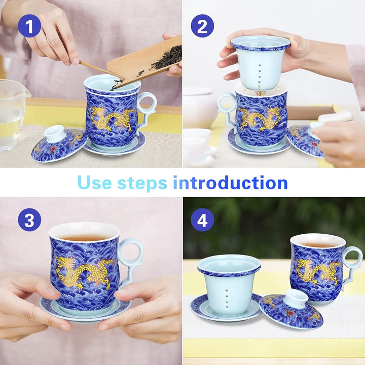 YURROAD 400ml Chinesische Teetasse, 4 in 1 Tee Becher Porzellan mit Sieb/Infusor/Deckel und Untertas