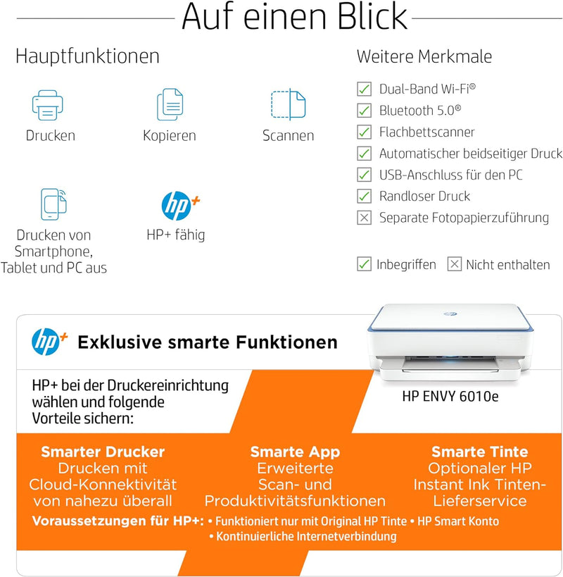 HP ENVY 6010e Multifunktionsdrucker (HP+, Drucker, Scanner, Kopierer, WLAN, Airprint) inklusive 6 Mo