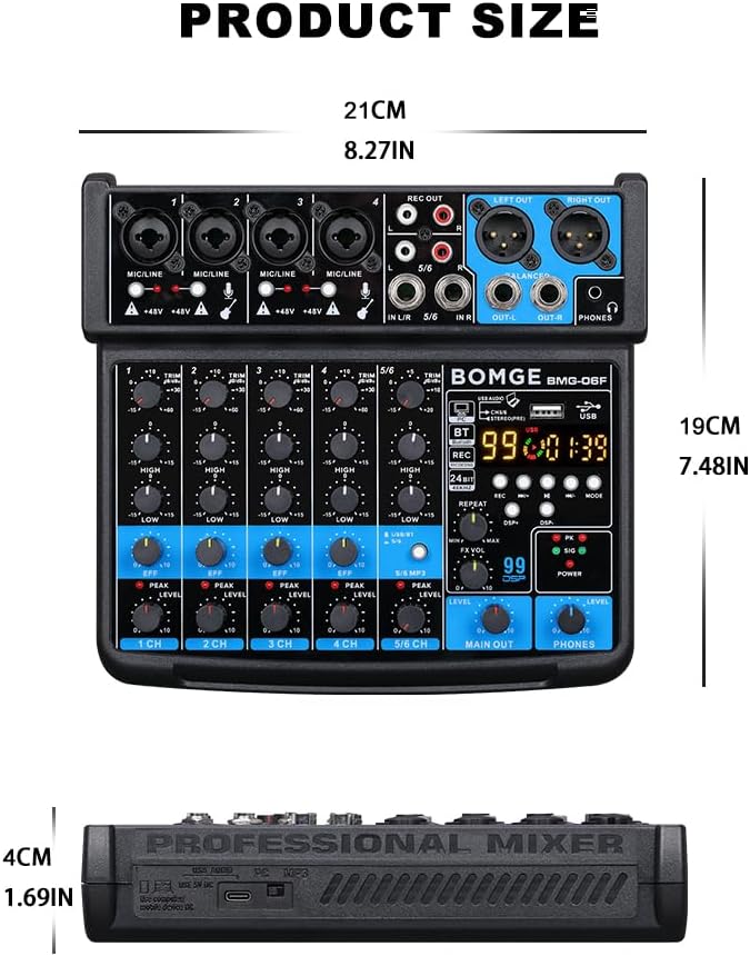 BOMGE 6-Kanal-Mini-DJ-Audio-Sound-Mixer-Konsole mit USB-Schnittstelle, Bluetooth, Stereo-Aufnahme, 4